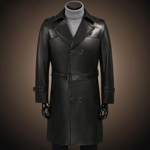 Men genuine leather jacket man sheepskin jackets long fashion genuine leather outerwear mens leather clothing double breasted