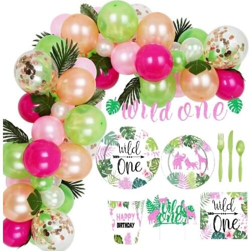 Pink Wild ONE Birthday Jungle Party Disposable Tableware Forest Animal Party Balloons Baby Shower Girl 1st Birthday Party Decor