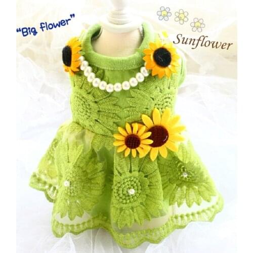 Free Shipping Handmade Dog Dress Sweet Grass Green Water-Soluble Lace Sunflower Doll Skirt Pet Clothes Doggy Cat Yorkie Poodle
