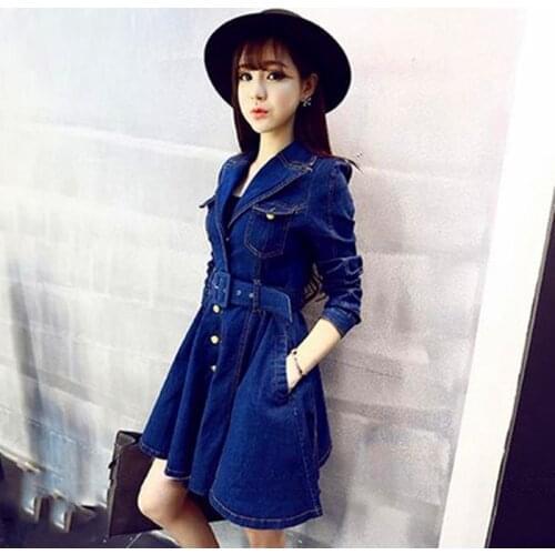 New Spring Autumn Women Dresses Fashion Turn-Down Collar Collect Waist Belt Slim Aline Jeans Dress For Women Denim One-Piece