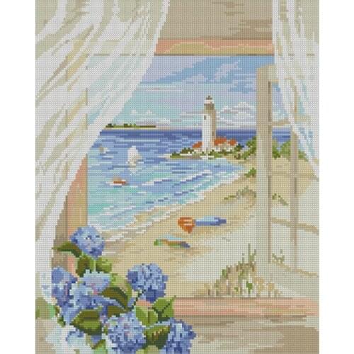 Outside the Window Scenic Diamond Painting Sandy Beach Lighthouse Round Full Drill DIY Mosaic Embroidery 5D Cross Stitch Gifts