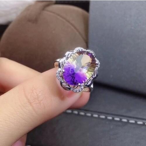 Attractive purple yellow colour Ametrine ring for women ornament real 925 silver big size gem girl party gift birthstone