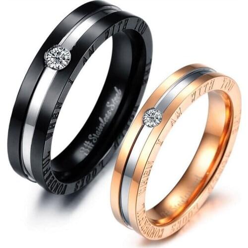 Romantic Loverss Rings Micro Inlaid CZ Crystal Black & Rose Gold-Color Stainless Steel For Men Women Couple Jewelry