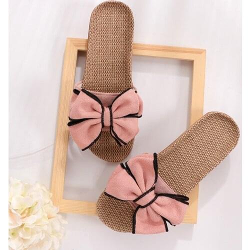 Cute bow home indoor and outdoor home floor non-slip office slippers ladies summer cool linen belt sandals flip flops woman