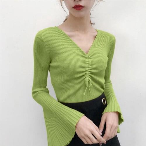 Women Spring Autumn Style Knitted Blouses Shirts Lady Casual Long Flare Sleeve 6 Colors Knitted Blusas Tops DD8171