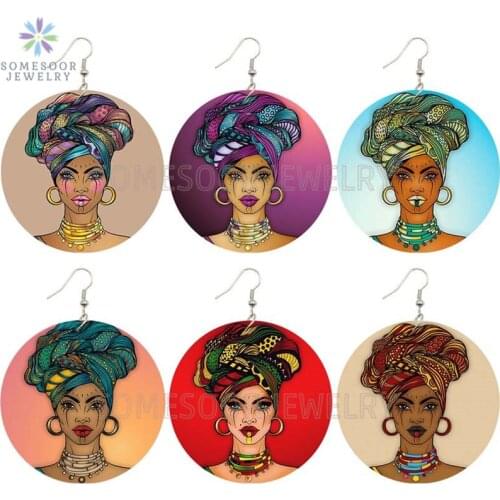 SOMESOOR 6 Designs Printed Hoops Lady African Wooden Drop Earrings Headwrap Woman Locs Afrocentric Ethnic Handmade Wood Jewelry