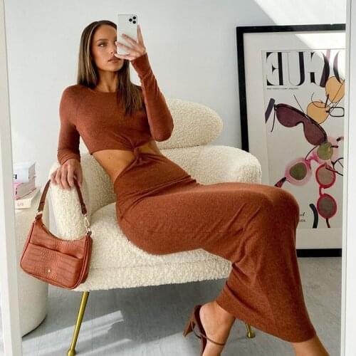 Hirigin Sexy Twist Front Cutout Long Sleeve Bodycon Dresses for Women 2021 Fall Winter Fashion Elegant Knit Maxi Dress