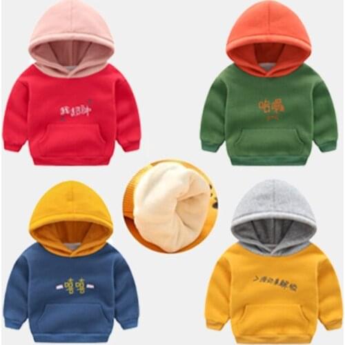 Winter Kids Plus velvet sweatshirts hoodies Thick cotton Fashion Baby Boys girl Warm Cashmere coat clothes Solid color letters