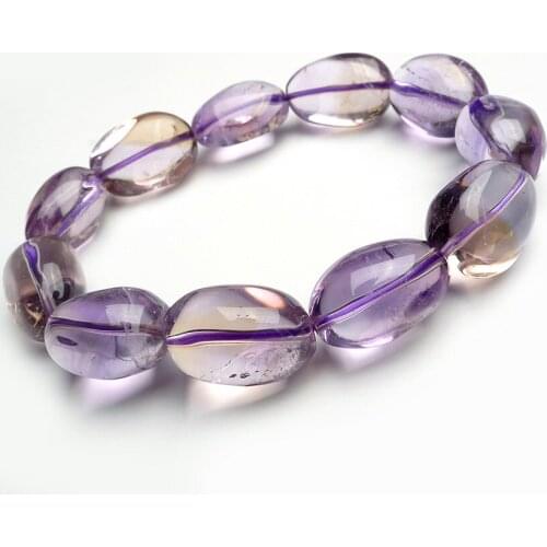 Precious Genuine Natural Quartz Crystal Oval Transparent Yellow Purple Bead Charm Stretch Bracelet Femme