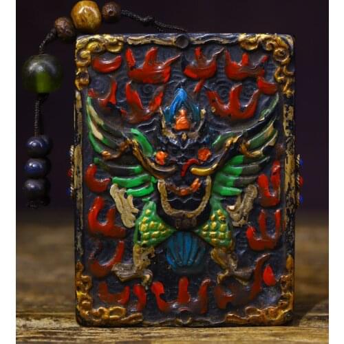 Home Decor 3"Tibet Buddhism Old Natural meteorite Tracing mosaic Gem Roc garuda Amulet Pendant Town House Ward off evil spirits
