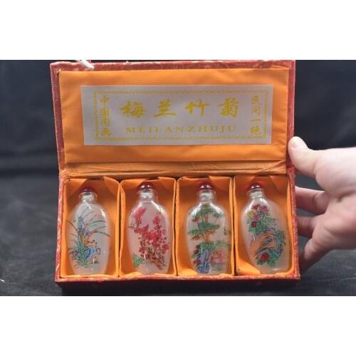 4pc Chinese Inside painted Merlin, bamboo and chrysanthemum glass SNUFF BOTTLE-painting home decoration SNUFF BOTTLE
