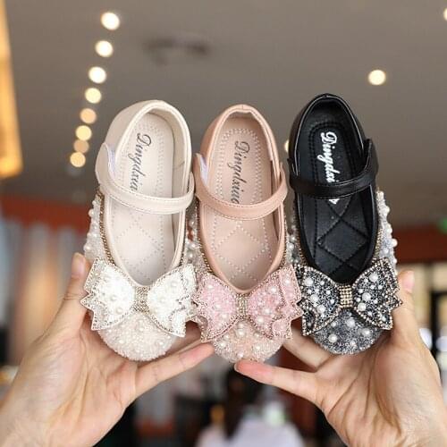 Kids Dress Spring Girl Shoes For Children Flats School Princess Party Pearl Leather Shoes Baby Girl Fashion Bow Shoe 1-12 Year