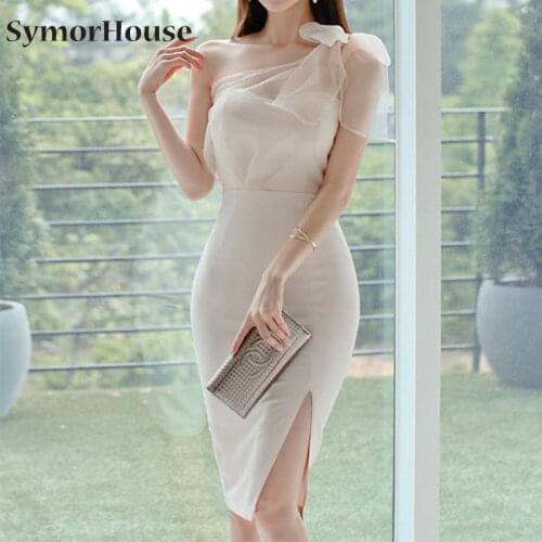 Elegant Prom Party Dress One-Shoulder Lace Mesh patchwork Slash-neck Bodycon Pencil Dresses Night Club Summer 2021