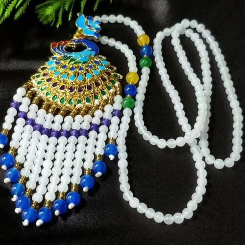 Exquisite white Jade peafowl Pendant Amulet Mala Bead Hanging Necklace Gemstone
