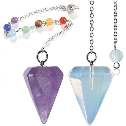 Small Size Stone Pendulum for Dowsing Amethysts Lapis Opal Crystal Cone Healing Chakra Chain Hexagonal Pendants Pendulo Jewelry