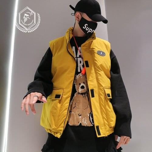 Men Fashion Loose Safari Style Print Fleece Heavyweight Cotton Hip Hop Vests