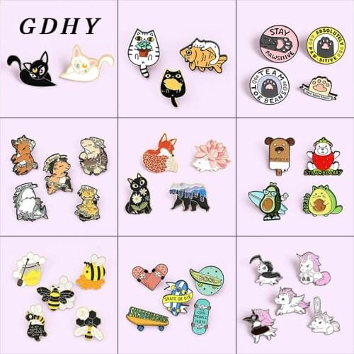 GDHY 2~5pcs/set Cartoon Animal Enamel pins set Cat claw fox hedgehog bear bee shark horse Brooches backpack Lapel Badge Jewelry
