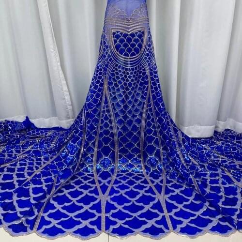 Royal Blue African Lace Fabric With Sequins Sewing 2021 High Quality Nigeria French Tulle Mesh Lace Fabric For Bridal Materials