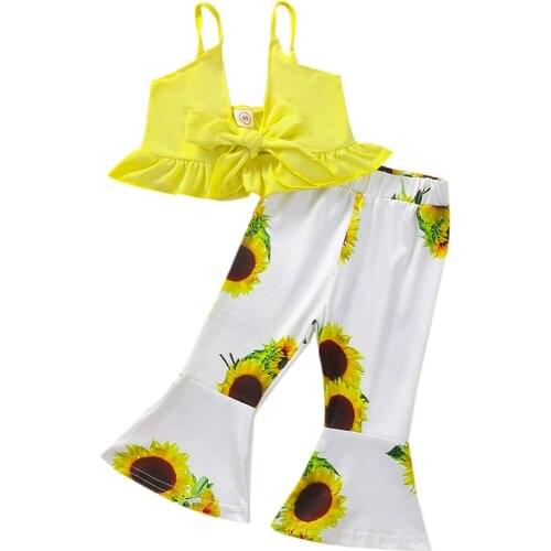 0-4Y Summer Fashion New Kids Girls Clothes Sets Casual Solid Sleeveless Bow Vest Tops+Sunflower Print Flared Pants Outfits
