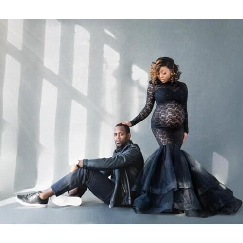 Maxi Maternity Gown Dresses for Photo Shoot Pregnant Women Long Sleeve Black Lace Turtleneck Photography Dresses Pregnancy Dress