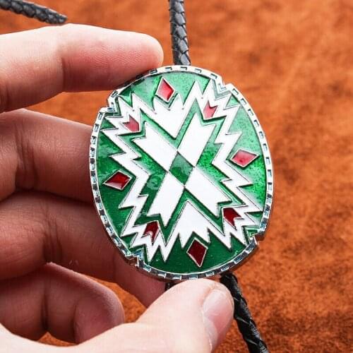 Handmade ! Vintage Western Cowboy Mens BOLO Tie Slide Clip Indian Totem PU Leather Rope