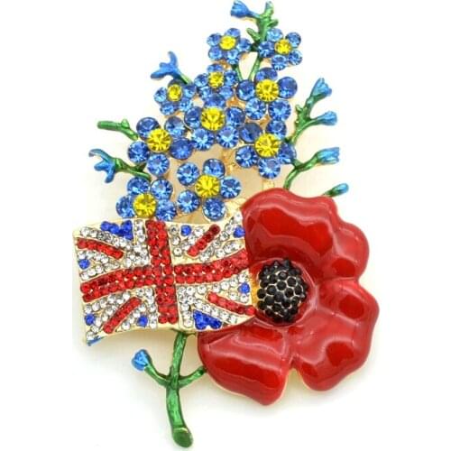 UK Jack Union Flag Red Poppy Brooch with Forget Me Not Flower Large Crystal Pin