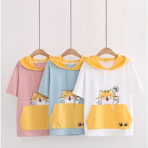 Women T Shirt Shiba Inu Kawaii Doge Funny Short Sleeve Hood Shirts Female Student Creative Harajuku Summer Cap Tops Tee