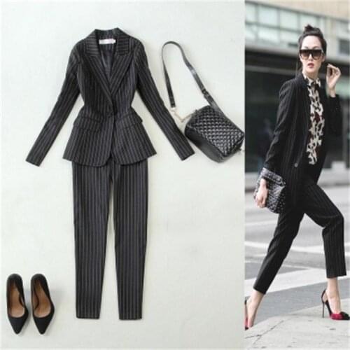 Work Pant Suits 2 Piece Sets Striped Single Button Blazer Jacket & 9 points pants Office Lady Suit Women Outfits Autumn