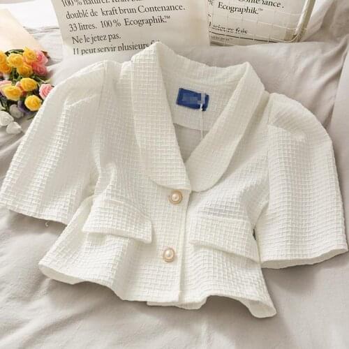 2021 Summer Korean Niche Pleated Plaid Two Buckle Short Suit Collar Shirt Bubble Sleeve Exposed Navel Cardigan Female