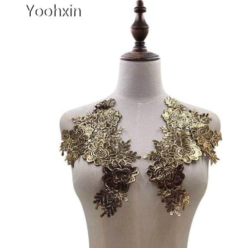 1 pair HOT flower gold embroidery DIY lace collar Fabric Sewing Applique ribbon trim neckline guipure craft dress wedding decor