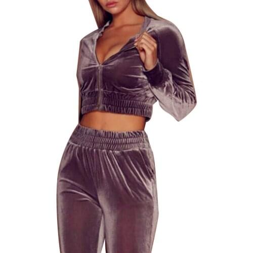 2Pcs Velvet Solid Color Sport Tracksuit Crop Top Zip Sweatshirt Long Pants Set