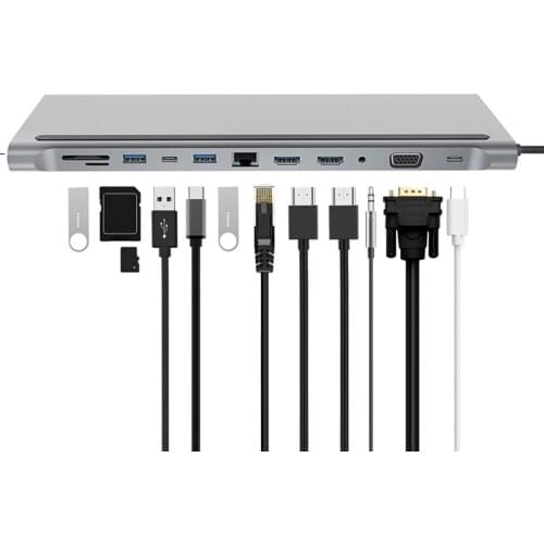 12 In 1 USB Hub Type-C To USB3.0 4K 1080P HDMI VGA PD RJ45 3.5mm Audio Adapter Aluminum Alloy Type-C Hub For Laptop PC