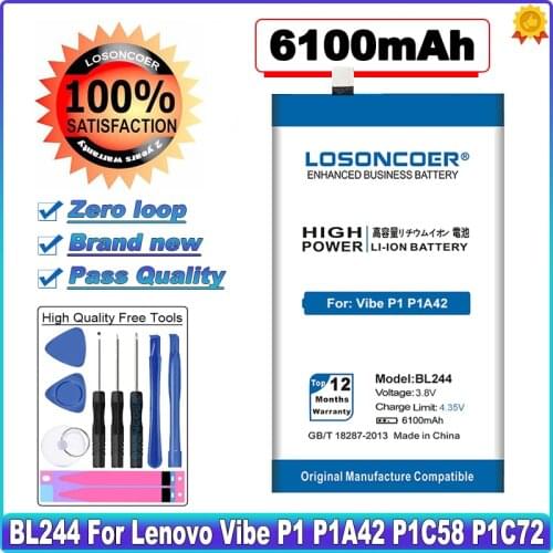 LOSONCOER 6100mAh BL244 Battery For Lenovo Vibe P1 P1A42 P1C58 P1C72 Cell Phone Battery + Tracking Number
