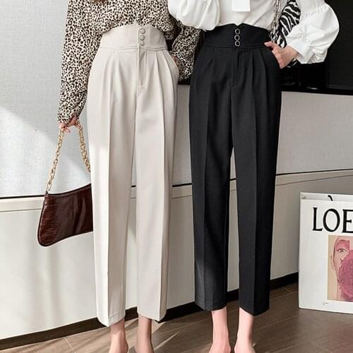 2021 Spring Summer Button Pants Women Chic High Waist Pockets Office Wear Trousers Women Plus Size Harem Pants Pantalon Femme