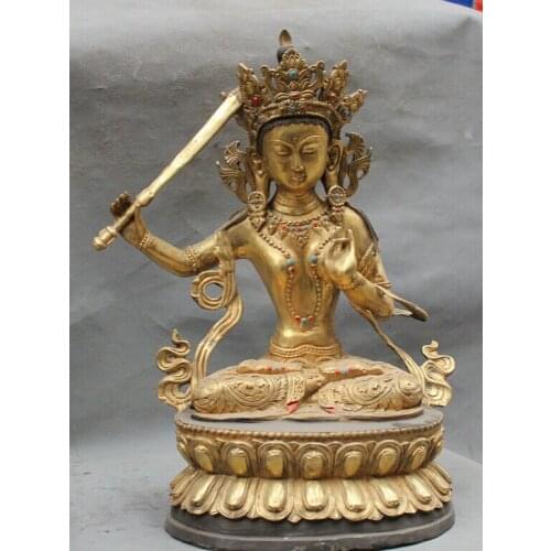 Fast shipping USPS to USA S2555 16" Tibet Buddhism Bronze Gilt Seat Wenshu Manjushri Boddhisattva Sword Statue