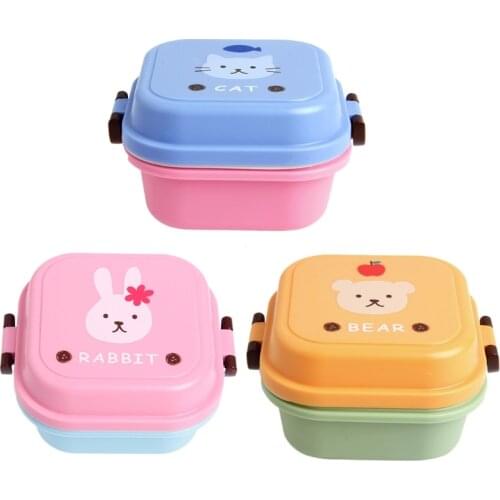 Kids Colorful Cartoon Small Bento Lunch Box Portable 2 Layer Food Container Case