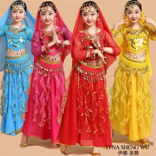 Kids Girls Belly Dance Costumes Set Oriental Dance Children Dresses India Belly Dance Clothes Long Sleeve Indian Dance Costume