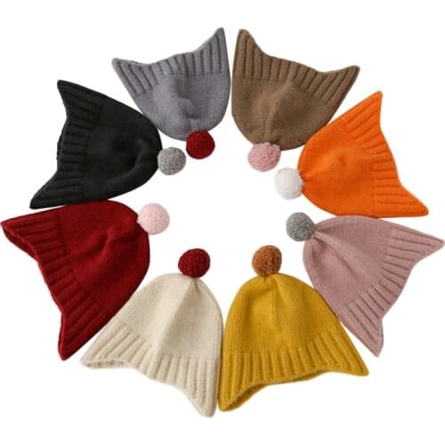 Baby Hats Knitted Hat Girls Baby Warm Hood Woolen Cap Solid Color Ball Kids Beanie Ear Protection