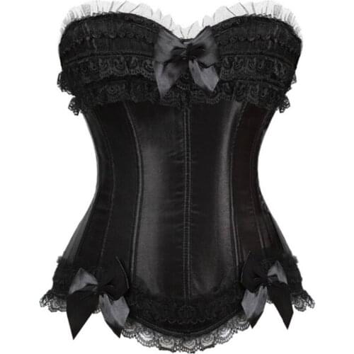 Overbust Corset Sexy Lace Bow Trim Satin Zip Side Women Bustier Corset Burlesque Showgirl Corselet Lingerie Tops Plus Size