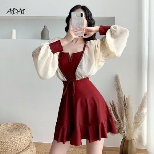 Korean 2021 Cute Swimsuit Women Slip Dress Collect Waist Swimwear 2 Piece Sets Bathing Suit Summer Beach Wear Cover Up Red Black