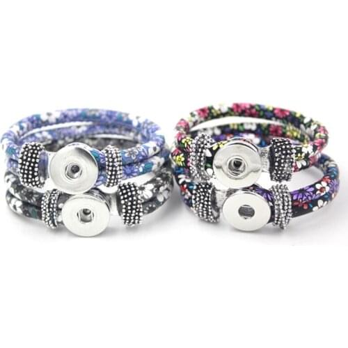 New Arrival 18mm Snap Jewelry 4 Colors Flower Printed PU Leather Snap Bracelet Bangle For Women Girls Gifts Brinco Pulsera