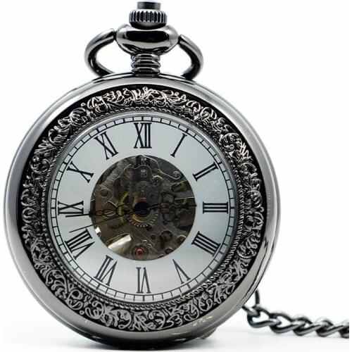 New Unique Men Magnifier Skeleton Vintage Mechanical Pocket Watch with Chain for gift
