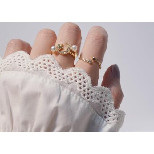 New design exquisite copper inlaid zirconium star moon ring 14K real gold plated women open ring Korean jewelry