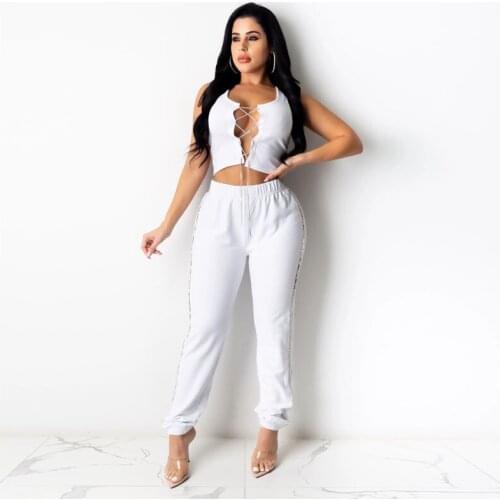 Autumn Women 2PCS Set Sleeveless Jogger Cropped Pants Home Lace Up Hollow Out Bandage Shirt Outdoor Sports Suit 2020 New Hot