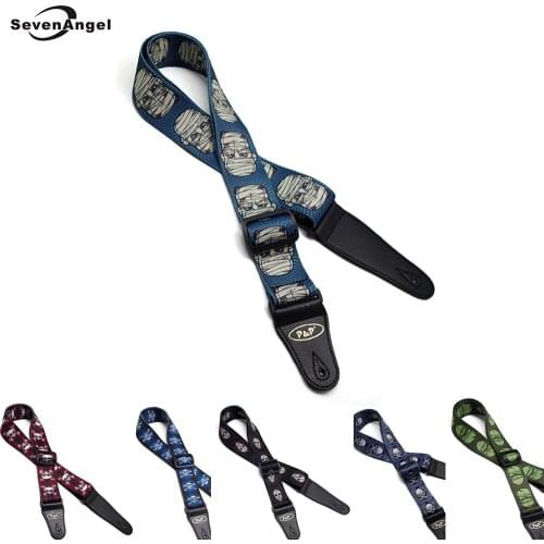 Hot selling Leather End Senior Guitar Strap Terylene Polyester Printed Cool Skull Design Electric Guitar Bass Acoustic Belt
