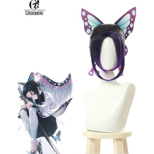 ROLECOS Anime Demon Slayer Cosplay Hair Kochou Shinobu Cosplay Short Hair Kimetsu no Yaiba Women Men Synthetic Hair Headwear