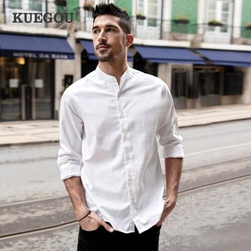 KUEGOU Lyocell Cotton Spring Summer Men‘s Shirts Long Sleeve Mandarin Collar Smart Caeual High Quality White Top Plus Size 20529