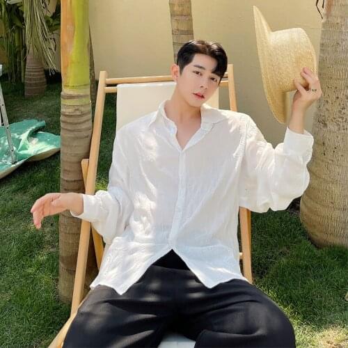 Shirt Long Sleeve Men Pleated Solid Color Fabric Drape Feeling Thin Sunblock Clothing For Streetwear Sweethearts Outfit Hot Sale