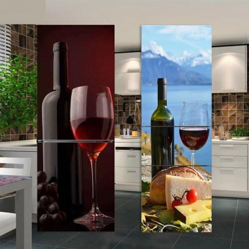 Red Wine Bottle Refrigerator Sticker Door Cover Fridge Breakfast Self-adhesive Vinyl Art Mural Cover Kitchen Furniture Decor