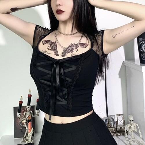 Goth Girl Sexy Street T-shirt Women Lace Patchwork Square Collar Short Sleeve Clothes Gothic Punk Lacing Slim Dark Freeshipping